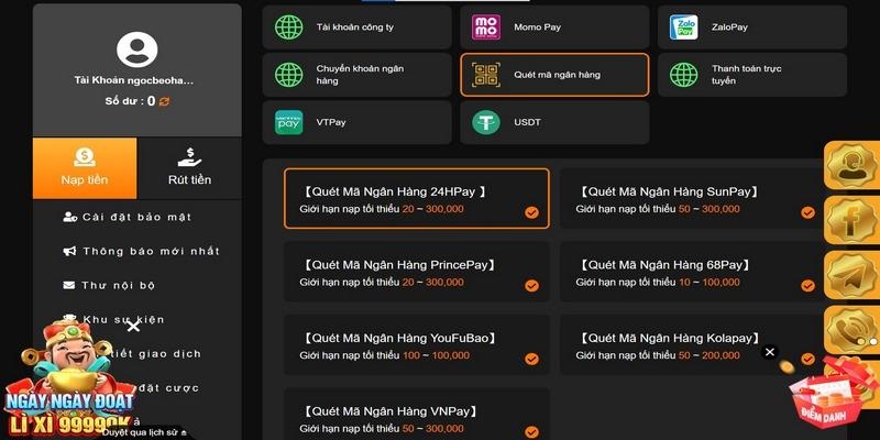 Quy trình nạp rút tiền tại nhà cái được tiến hành rất quy mô